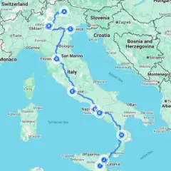 A map showing a route from Northern Italy down to Sicily, perfect for a southern Italy road trip.