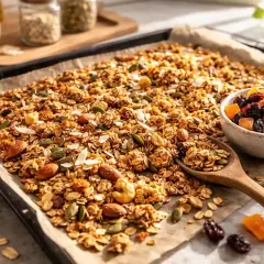 Nybakad, krispig granola med nötter, frön och torkad frukt. Ett perfekt recept på hemgjord granola.