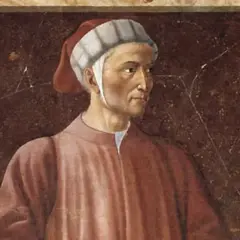 Portret Dantego, poety w czerwonej szacie i czepku, z gestem dłoni.
