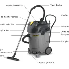 Aspiradora profesional Kärcher con tubo de aspiración, asa de transporte y ruedas giratorias, lista para pasar la aspiradora.