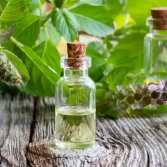 Piccole boccette di olio essenziale di basilico santo su un tavolo di legno, circondate da foglie verdi e fiori viola.