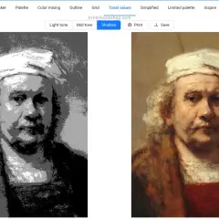 Portret mężczyzny w białym nakryciu głowy, po lewej w wersji monochromatycznej, po prawej w pełnym kolorze, ukazujący klasyczne malarstwo akademickie.