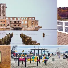 Gdynia co zobaczyć: ruiny fortu, molo, plac zabaw na plaży i napis "Dar Pomorza".