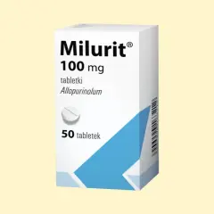 Opakowanie leku Milurit 100 mg, zawierające 50 tabletek z alopurynolem. Stosowany w leczeniu dny moczanowej i innych stanów związanych z nadmiarem kwasu moczowego.
