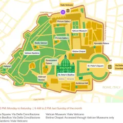 Mapa Watykanu, gdzie jest Watykan. Zaznaczone Muzea Watykańskie, Kaplica Sykstyńska, Bazylika św. Piotra i Ogrody Watykańskie.