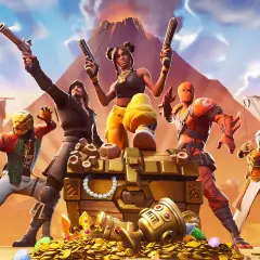 Postacie z gry Fortnite, skarb pełen złota i klejnotów. Idealne dla graczy szukających darmowe gry na PS4.