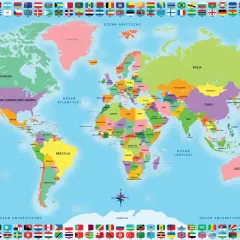 Kolorowa mapa świata z nazwami krajów i oceanów. Po bokach flagi państw. To mapa interaktywna Dumel, idealna do nauki geografii.