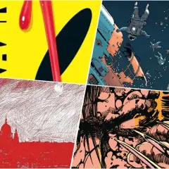 Kolaż z grafikami z komiksów: "Watchmen", astronauci spadający z kosmicznego statku, czerwony rysunek miasta i zbliżenie na Wolverine'a. To może być część listy top 10 komiksów wszechczasów.