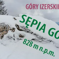 Pokryta śniegiem Sępia Góra w Górach Izerskich, z widocznym znakiem szczytu i wysokością 828 m n.p.m.