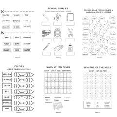 Scheda didattica con disegni per imparare i giorni della settimana in inglese da stampare, insieme a colori, vestiti e materiale scolastico.
