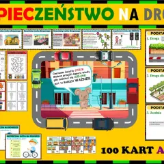Ilustracja edukacyjna o bezpieczeństwie na drodze, z elementami do nauki o ruchu drogowym, sygnalizacji świetlnej i zasadach jazdy. Pokazuje drogę przebiegu pojazdów i pieszych.