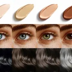 Muestras de bases de maquillaje, ojos de distintos colores y cabellos en diferentes tonos, para la **colorimetría invierno**.
