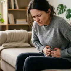 Kobieta siedzi na kanapie, trzymając się za brzuch. Jej twarz wyraża ból, co może być jednym z objawów szybkiego metabolizmu.