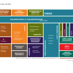 Studienverlaufsplan für den Bachelor International Management (BIM) mit Modulen wie VWL, Controlling, Marketing und Wahlpflichtkatalogen.