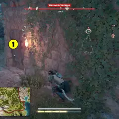 Gracz w Assassin's Creed Odyssey poradnik zbliża się do wejścia oznaczonego cyfrą 1, gdzie czeka go zadanie.