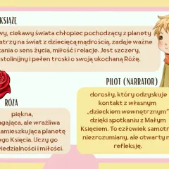 Mały Książę zadaje pytania o życie, miłość i relacje. Obok róża i pilot, którzy uczą go odpowiedzialności.