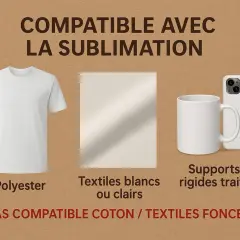 T-shirt en polyester, tissu clair, mug et coque de téléphone : tous compatibles avec l'impression sublimation.