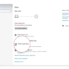 Ekran ustawień sieciowych Windows. Kliknij "Stan", aby sprawdzić połączenie, a następnie "Zmień opcje karty", aby dowiedzieć się, jak zresetować kartę sieciową.