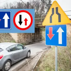 Znaki drogowe informują o pierwszeństwie przejazdu i zwężeniu drogi. Kierowca musi wykonać manewr wymijania.