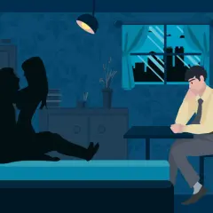 Mroczna sypialnia, para w łóżku, smutny mężczyzna siedzi przy stole. Ilustracja pokazuje sytuację, która może być związana z pojęciem cuckold co to.