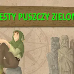 Wesoły błazen zaprasza na "Questypuszczy zielonki". Obok niego stoją kamienne posągi.