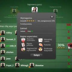 Gra w pokera online. Na ekranie widać stół, graczy i okno z zasadami gry. Remi gra z innymi graczami.
