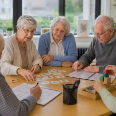 Cinq seniors participent à un exercice de remédiation cognitive, jouant avec des cartes et des blocs pour stimuler leur mémoire.