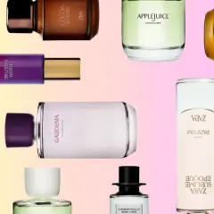 Variedad de perfumes Zara, incluyendo equivalencias y fragancias populares como Gardenia y Applejuice, en un collage vibrante.