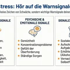 Stress erkennen: Körperliche, psychische und Verhaltenssignale wie Herzrasen, Gereiztheit und sozialer Rückzug warnen dich.