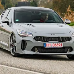 Szary Kia Stinger GT z kierowcą za kierownicą jedzie po asfaltowej drodze, otoczony suchą trawą i drzewami.