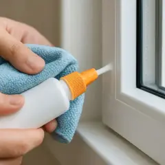 Ręce czyszczą białą ramę okna z resztek kleju do szyb za pomocą niebieskiej ściereczki i aplikatora.