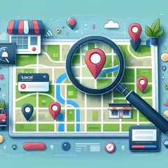 Mapa z pinezkami i lupą symbolizuje **seo lokalne**. Widać sklep, samochód i ikony komunikacji.