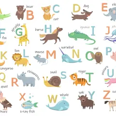 Alfabeto ilustrado con animales en inglés para niños: alligator, bear, cat, dog, elephant, fox, giraffe, horse, iguana, jelly fish, kangaroo, lion, mouse, narwhal, owl, pig, quail, rhinoceros, snail, tiger, unicorn, vulture, x-ray fish, whale, yak, zebra.