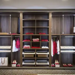 Armarios por dentro: ideas de organización con estantes, cajones extraíbles y barras para colgar ropa. Ropa doblada y colgada, zapatos y cestas.