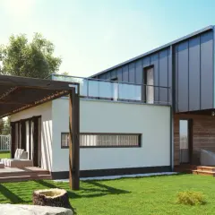Nowoczesne projekty domów z kontenerów morskich, z tarasem i pergolą, otoczone zielonym ogrodem.