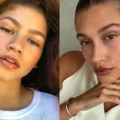 Två kvinnor med en clean look. Den ena med glansiga läppar och mjuk makeup, den andra med en mer definierad läppfärg och markerade ögonbryn.