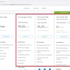 Comparatif des offres email : Basic Mail gratuit, Exchange Online à 39,20 kr./mois, et Microsoft 365 à partir de 0 kr. le 1er mois.