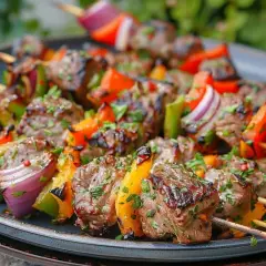 Brochettes d'agneau grillées, garnies de poivrons colorés et d'oignons rouges, parsemées de persil frais. Un délice estival !