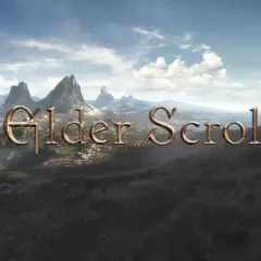Góry i chmury w tle, z napisem "The Elder Scrolls VI" i konsolą PlayStation 5.