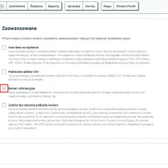 Ustawienia zaawansowane: włączony numer referencyjny, który może być dpd numer przesyłki na etykiecie.