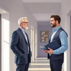Deux hommes discutent dans un couloir. L'un, plus âgé, porte un costume bleu. L'autre, plus jeune, tient un dossier. Un courrier syndic est visible sur le mur.