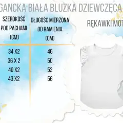 Biała bluzka dziewczęca z rękawami motylkami i tabelą rozmiarów.
