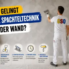 Mann mit Spachtel an Wand. Anleitung: Vorbereiten, Spachtelmasse auftragen, Struktur gestalten, trocknen lassen, versiegeln oder streichen. Nicht immer muss man die ganze Wand streichen.