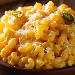 Cremiges Mac and Cheese mit Jalapeño-Scheiben und geriebenem Käse, serviert in einer braunen Schüssel.