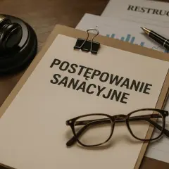 Młotek sędziowski, okulary i dokumenty z napisem "Postępowanie sanacyjne" sugerują prawnicze lub biznesowe działania naprawcze.