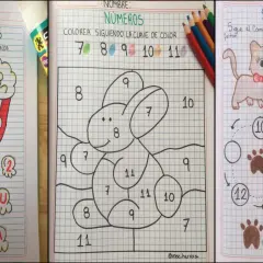 Tres hojas con dibujos bonitos para niños: una de palomitas para asociar números y letras, otra para colorear un conejo siguiendo números, y una serie numérica con un gatito.