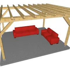 Darmowe projekty konstrukcji drewnianych: nowoczesna wiata z dwoma czerwonymi sofami.