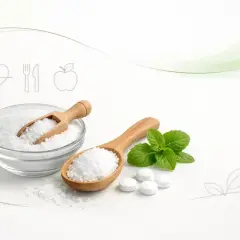 Ksylitol jest zdrowy? Na zdjęciu biały proszek w miseczce i na łyżce, listki mięty i tabletki.