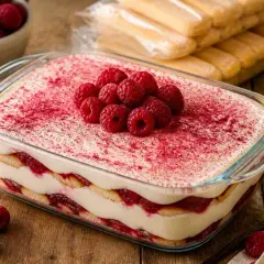 Un délicieux tiramisu framboise, superposé de crème et de fruits rouges, saupoudré de poudre de framboise et garni de framboises fraîches.