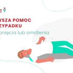 Pierwsza pomoc w przypadku zasłabnięcia lub omdlenia. Ilustracja przedstawia osobę leżącą, która doświadcza omdlenia (ICD-10 R55).